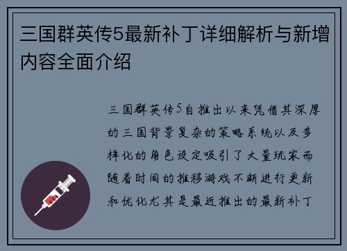 三国群英传5最新补丁详细解析与新增内容全面介绍
