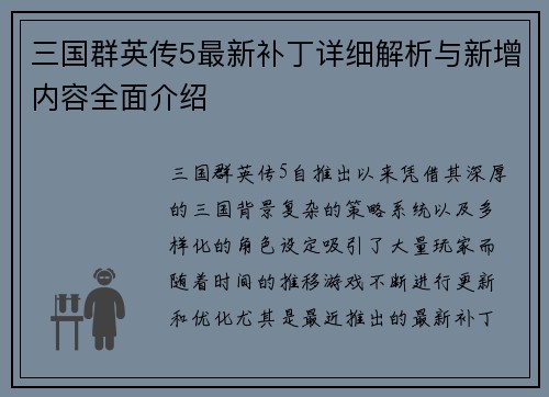 三国群英传5最新补丁详细解析与新增内容全面介绍